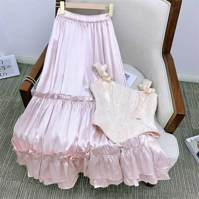In stock Princess Cynthia French court style jacquard Fishbone corset ruffled satin skirt Autumn New
