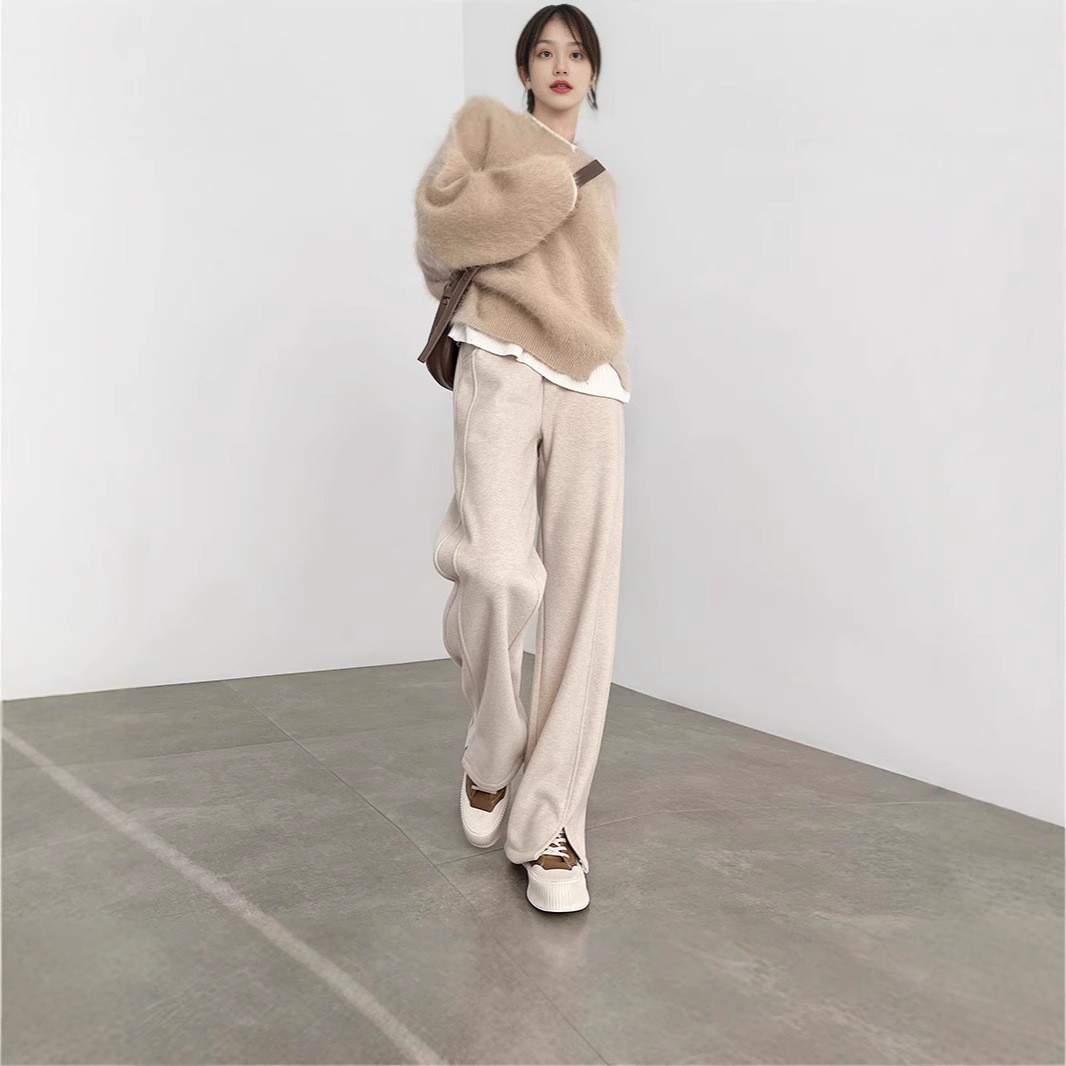 Herringbone fleece-lined Wide Leg Pants Women's Autumn and Winter 2025 New Casual Split Pants Straight Slimming Narrow Banana Pants