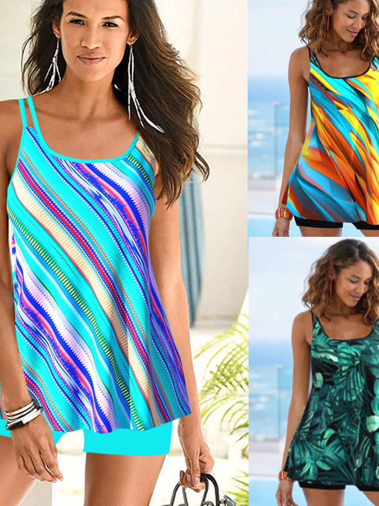 Swimsuit women's summer 2023 new split conservative slimming boxer swimsuit striped rainbow leaves bikini skirt