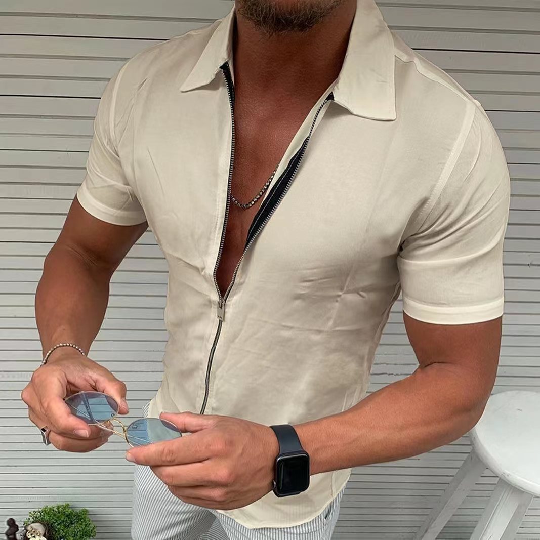 Foreign Trade 2022 Summer Cross-border Men's Solid Color Zipper Short-sleeved Shirt Slim-fit Men's Casual Lar Cardigan