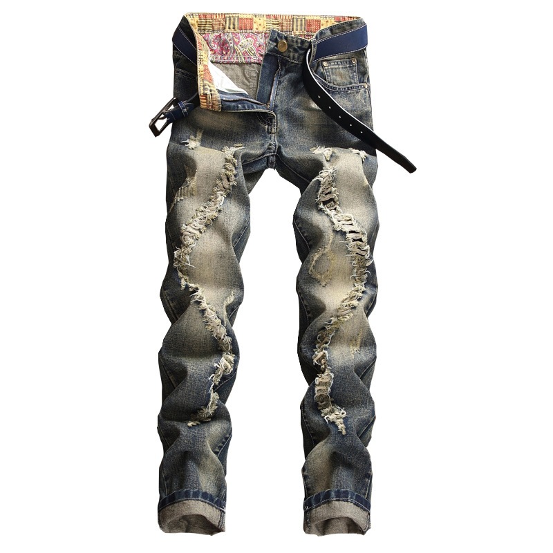 Men's jeans wholesale, retro water-washed, ripped jeans for men, inelastic, Western and European style, versatile, cross-border