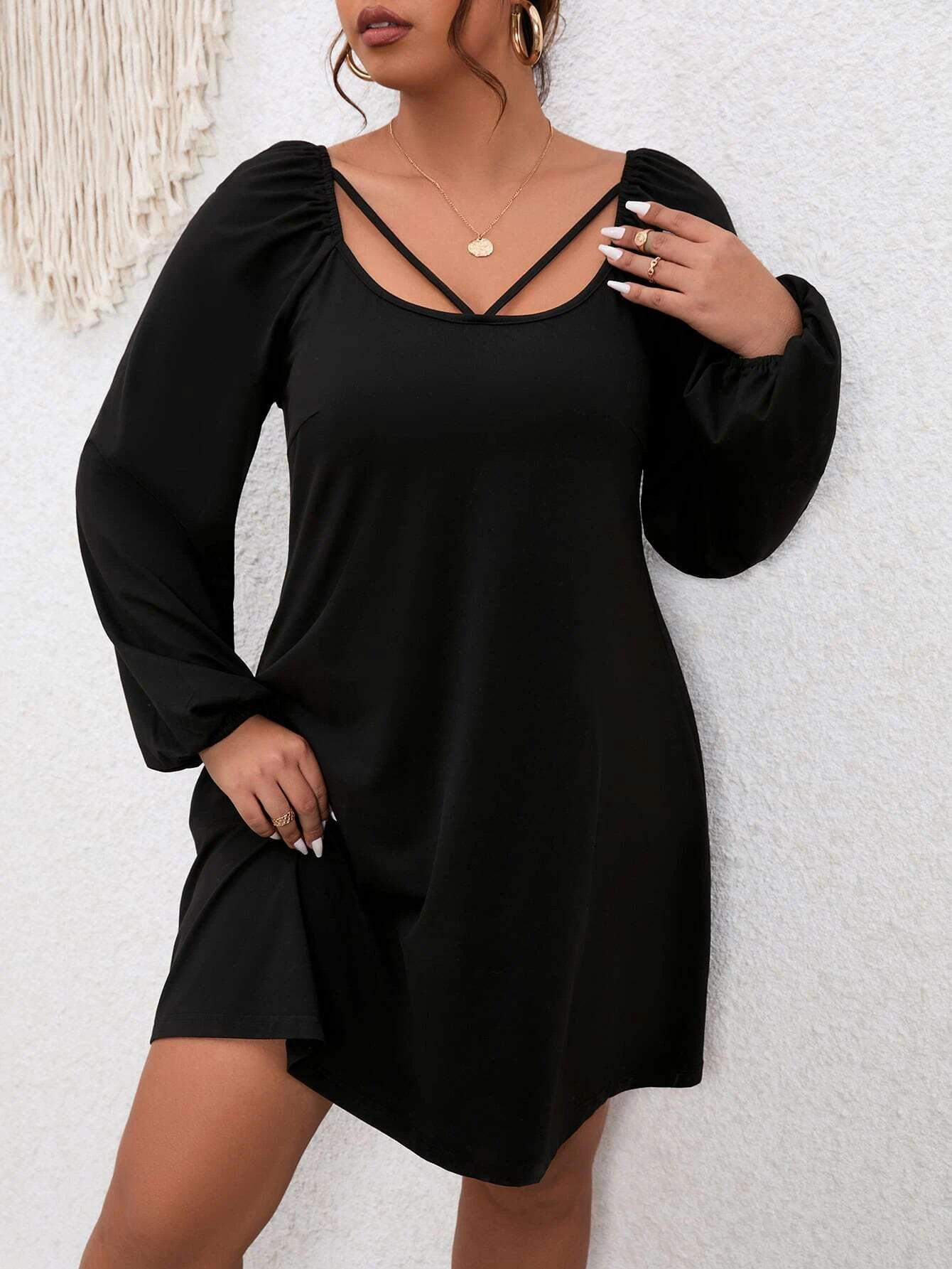 Cross-border European and American plus size women's clothing 2024 autumn and winter new style waist A-line skirt puff sleeves square collar temperament dress