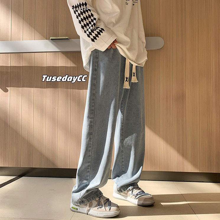 High Street Jeans Men's Autumn Loose Straight Wide Leg Pants Trendy Brand All-match American Style Retro Elastic Waist Casual Pants