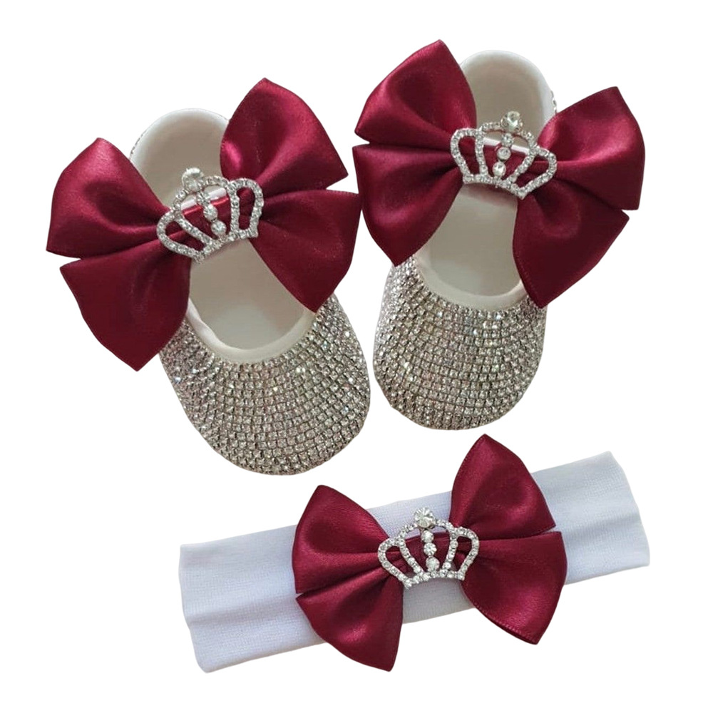 Baby photography props shoes princess shoes and headband with Crown Crystal Diamond Baby toddler shoes soft sole set