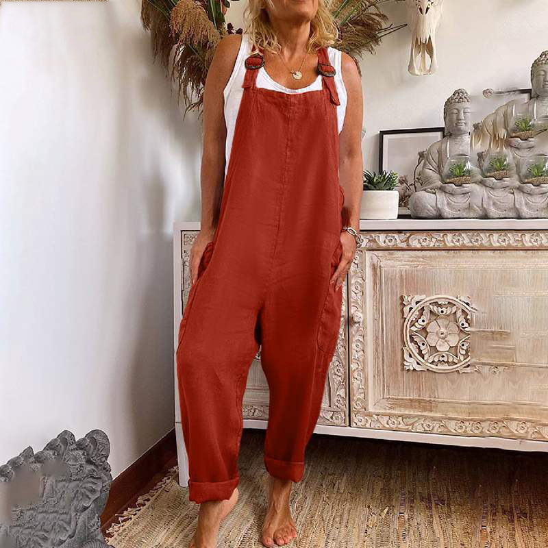 2023 New wish Amazon AliExpress Wide Leg Jumpsuit Women's Adjustable Button Cotton Linen Pocket Work Clothes