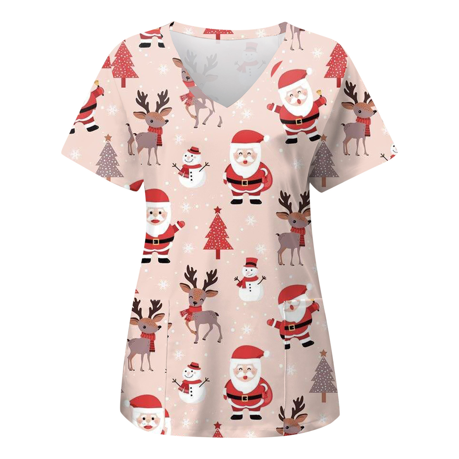 2023 Independent station Foreign trade autumn and winter New Christmas digital 3D printing V-neck pocket short sleeve t-shirt women's protective clothing