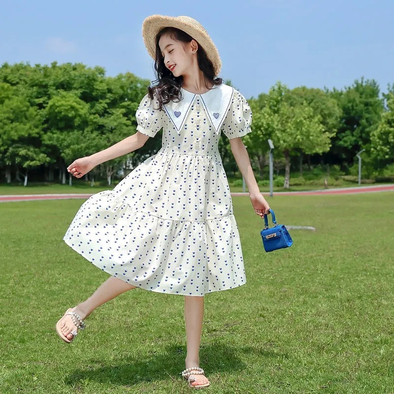 Girls' Summer Dress Stylish Children's Fashionable Girl's Princess Dress Puff Sleeve Mid-Big Children's Summer Floral Dress