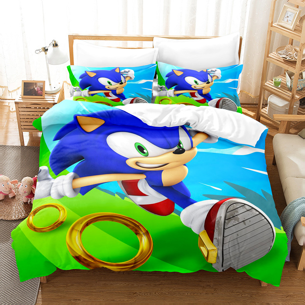 Sonic Sonic Cross-border Cartoon Animation Printed Bed Sheet Quilt Cover Three-piece Set for Drawing and Sample Printing