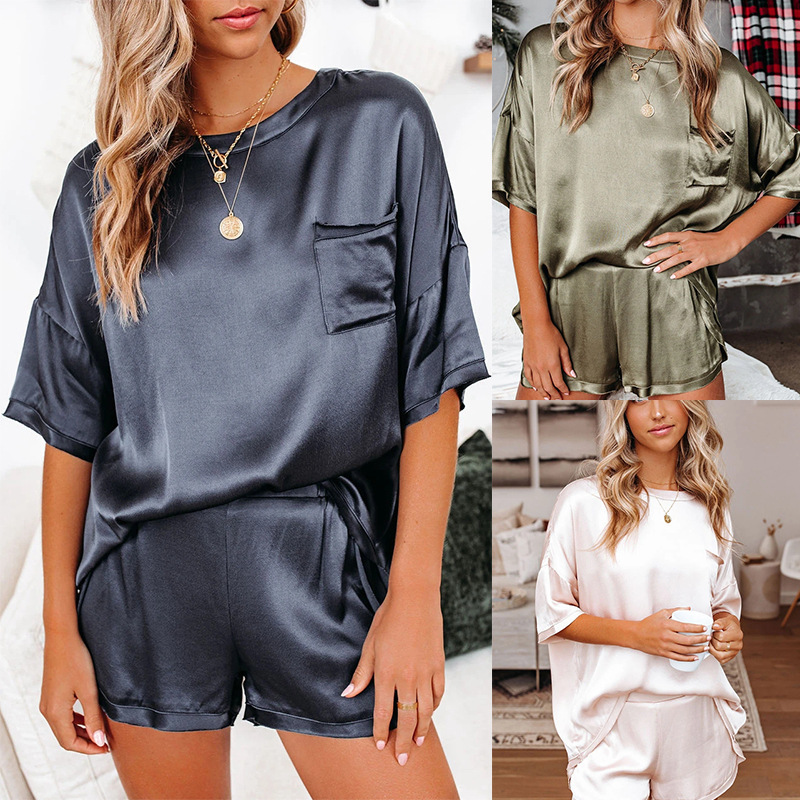 Spring and Summer 2024 European and American suit Solid Color Chiffon Sleeping Clothes Short Sleeve Short T-shirt Pants Loose Casual Two-piece Set