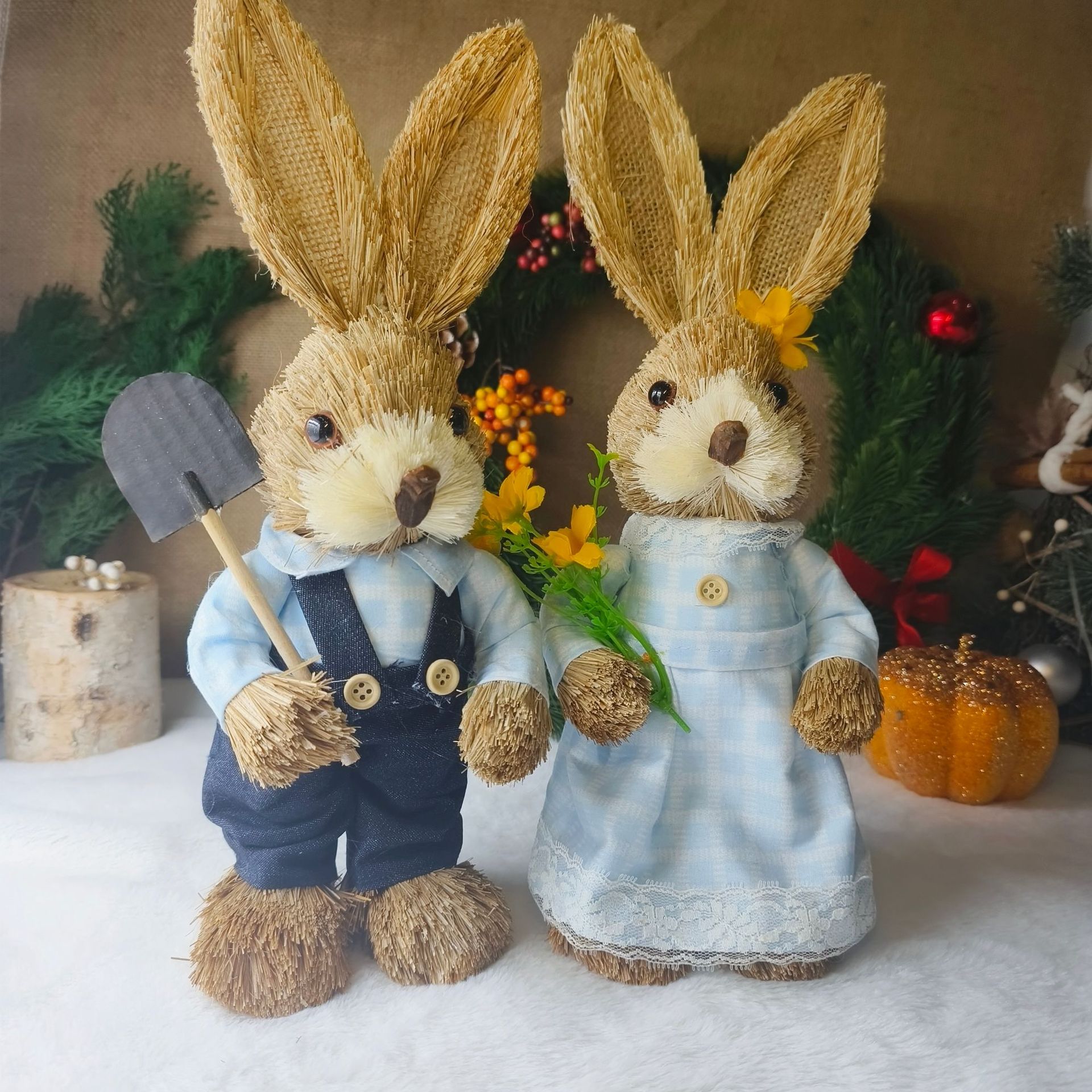 Handmade straw rabbit large Mori kindergarten plant corner decoration home decoration shop layout cute ornaments