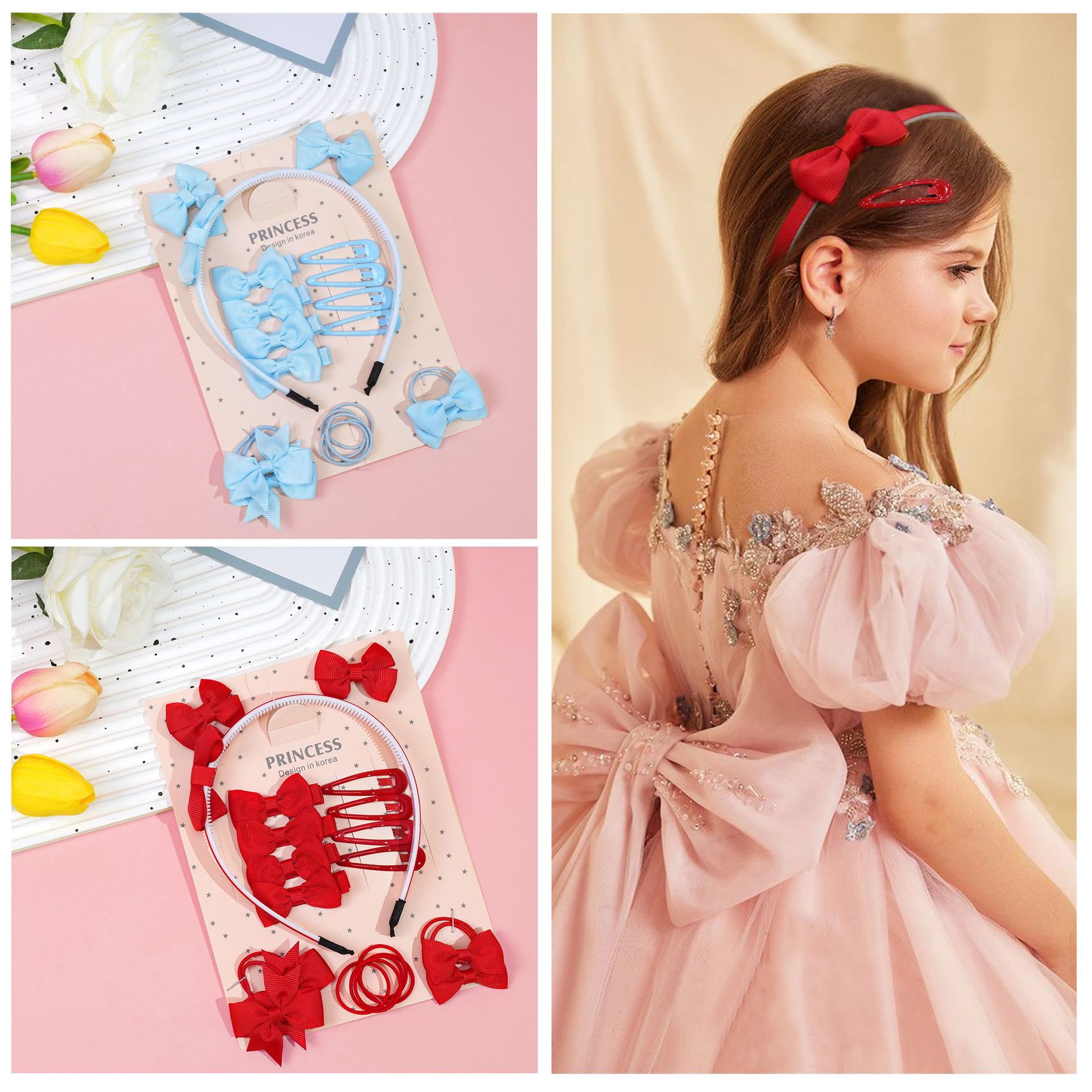 Cross-border Hot Selling Princess Hair Accessories Children Bow Hairpin Rubber Band Girls' Hairband Combination suit Birthday Gift_voghion.com