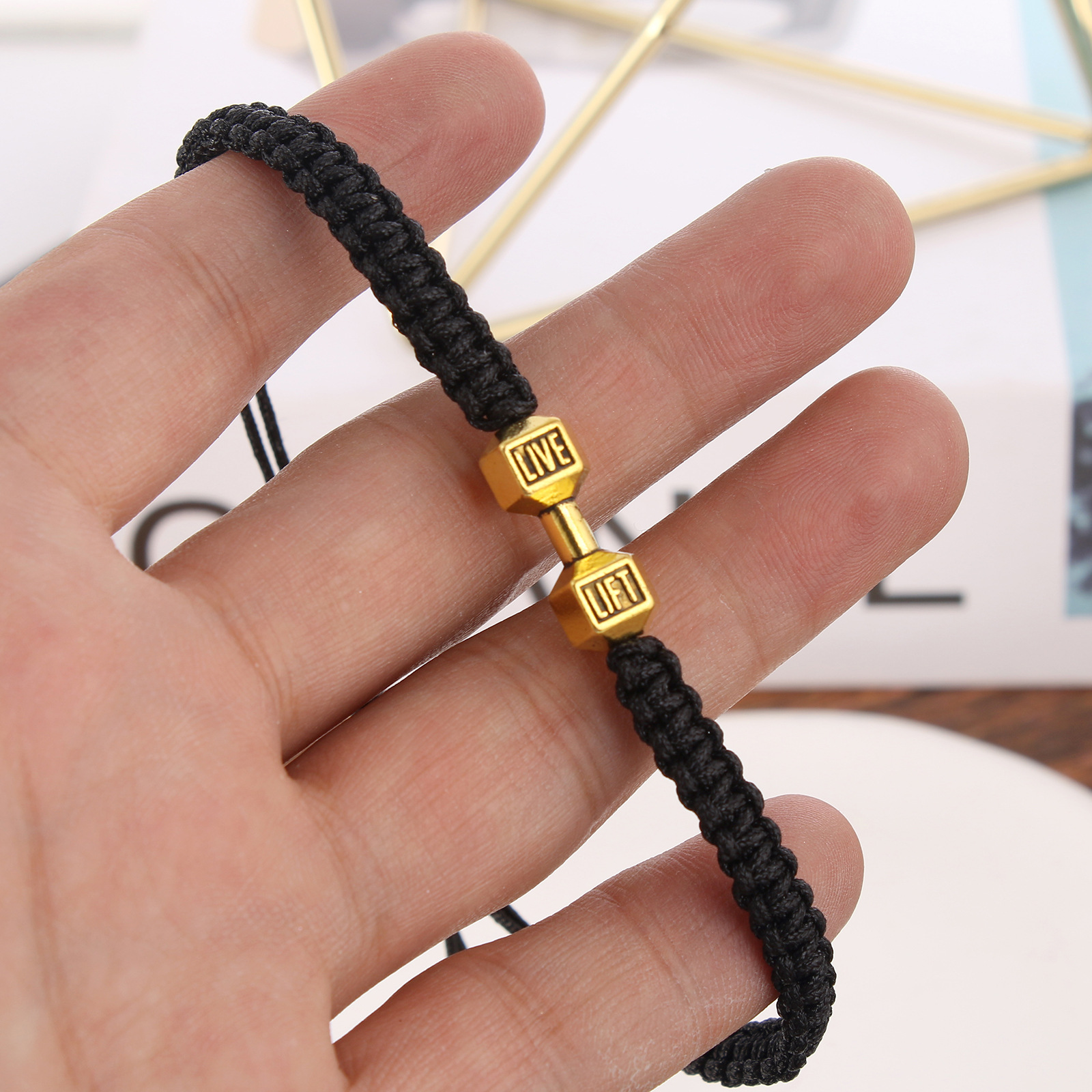 2022 European and American new simple alloy dumbbell hand-woven hand rope men's adjustable bracelet jewelry wholesale