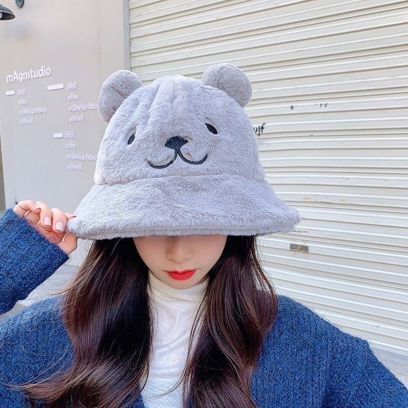 Autumn and Winter new hat female cute bear cartoon face-looking small fisherman hat versatile warm earmuffs plush basin hat