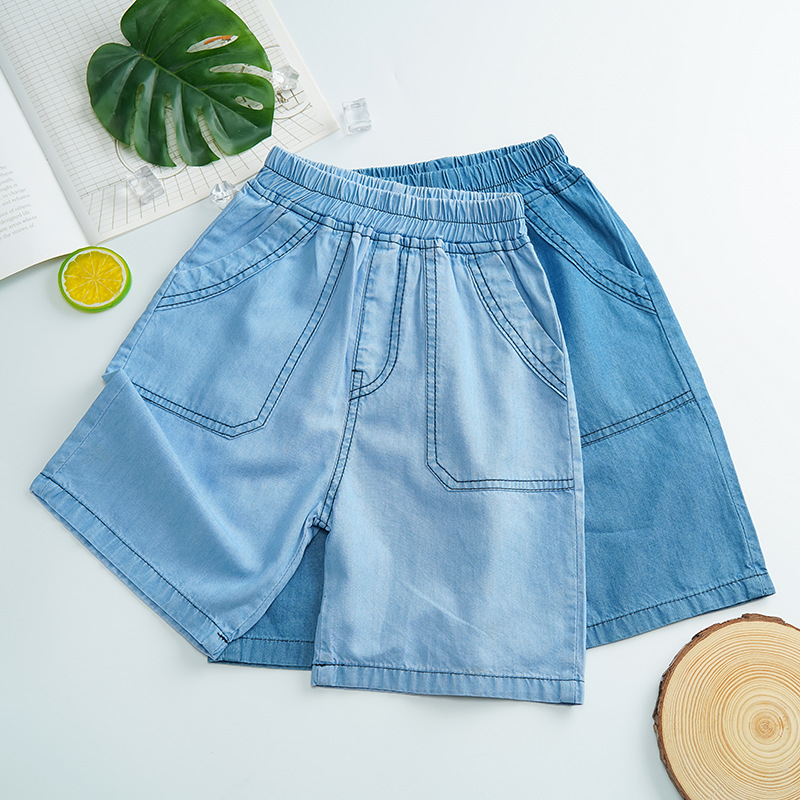 Children's Denim middle pants summer boys' thin pants Tencel cotton girls' Korean style shorts baby fifth pants children's pants