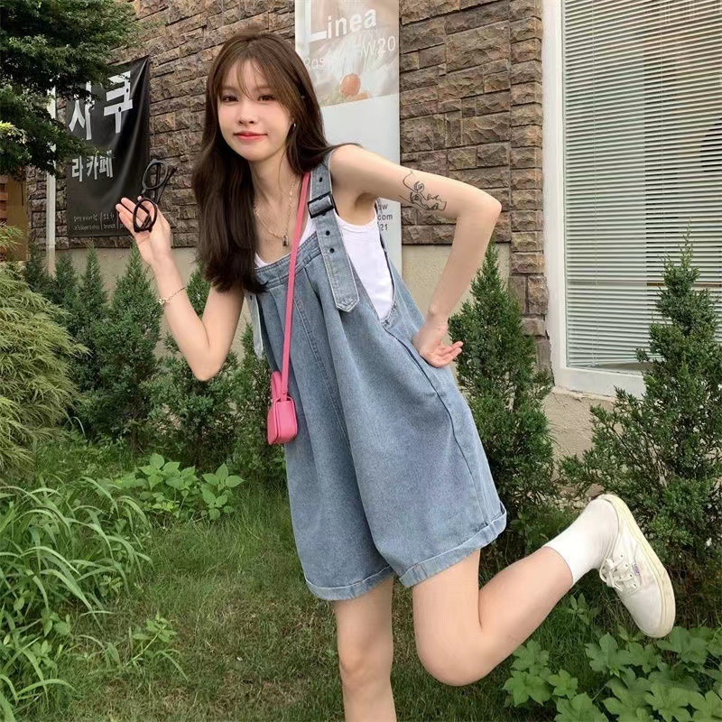 Curled Denim Overalls Shorts Women's Summer New Arrival Salt Sweet Wide Leg Loose Jumpsuit for Small Students