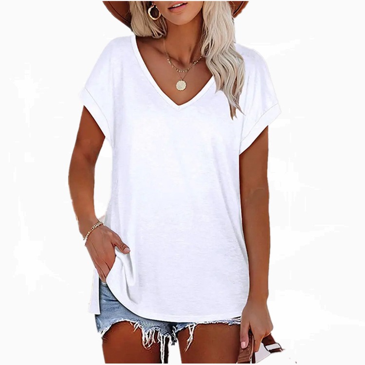 Women's T2022 New Amazon cross-border women's fashion European and American Foreign trade fashion solid color split V-neck short-sleeved T-shirt for women