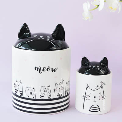 Cute Cat Ear Sealed Jar Moisture-proof Ceramic Jar Grain Storage Candy Biscuit Storage Living Room Dining Table Ornaments