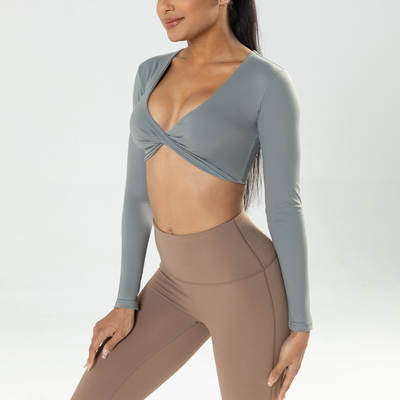 New Sports Long-sleeved Fitness Suit Women's Deep V-neck Slim-fit Breathable Ins Style Navel-exposed Outdoor Yoga Suit Short Top