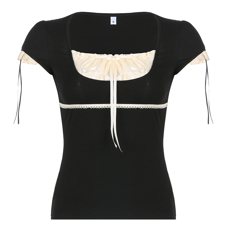 ins Amazon Women's Dress Contrast Lace Stitching Fake Two-piece Lace-up Top Sexy Low-cut Short-sleeved Pullover T-shirt