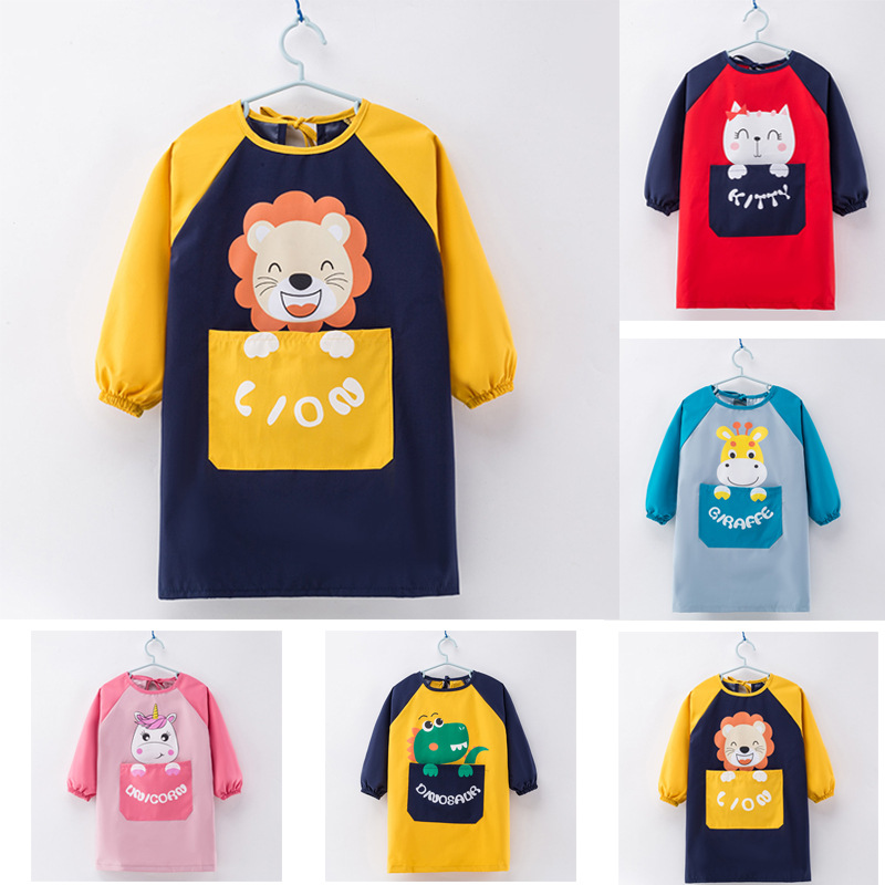 Children's Overalls Spring and Autumn Long Sleeve Printing Waterproof Dirty-proof Baby Eating Bib Baby Meal Pocket Boys and Girls Aprons