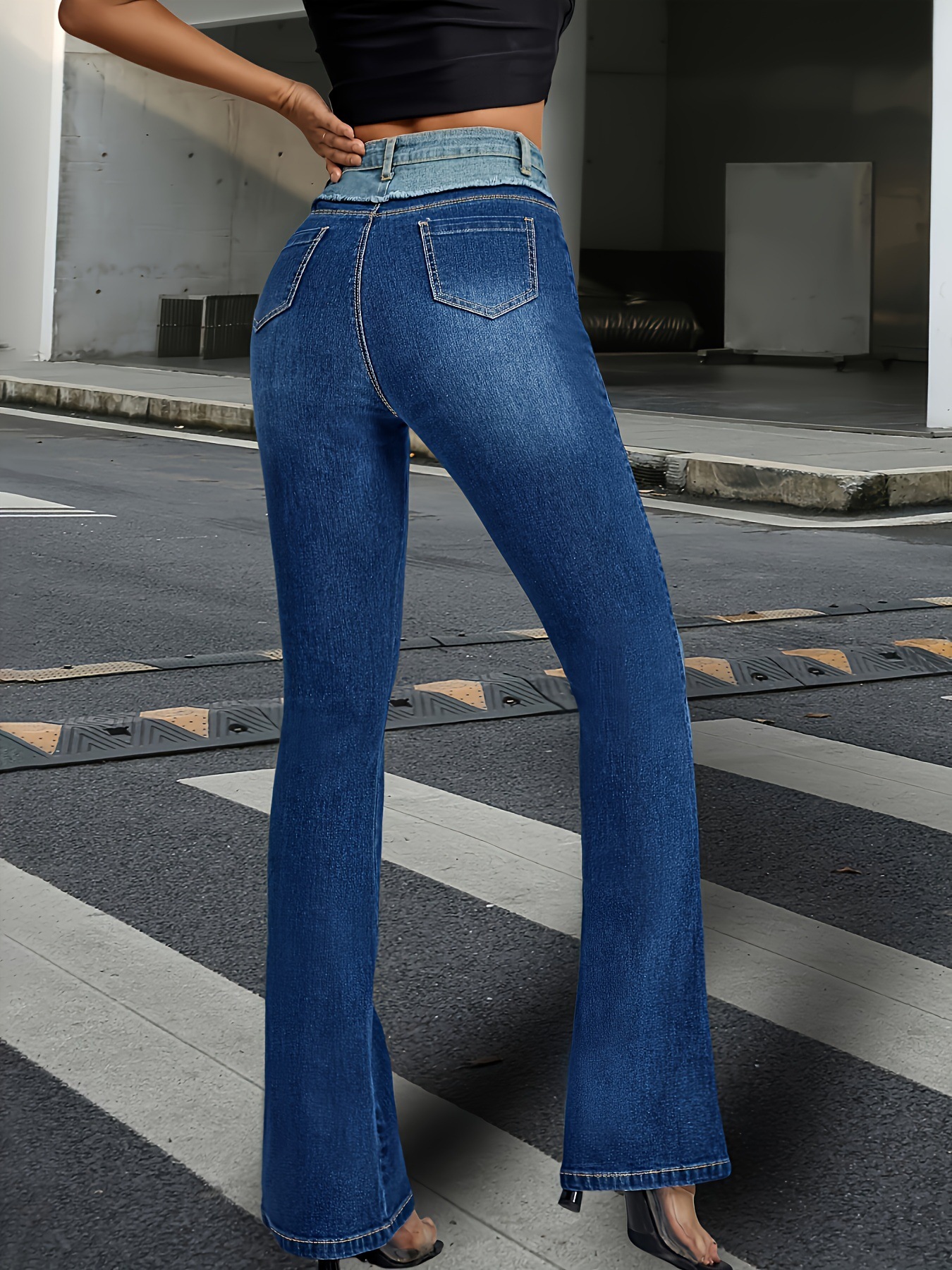 2024 spring and summer new style skinny American jeans fashion stitching contrast color high waist slimming high-looking draping feeling slim fit