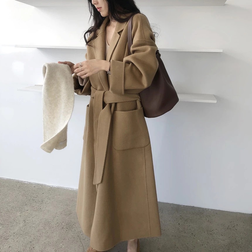 South Korea Dongdaemun 2023 autumn and winter New lace-up cashmere coat Women's Mid-length loose over-the-knee woolen coat_voghion.com