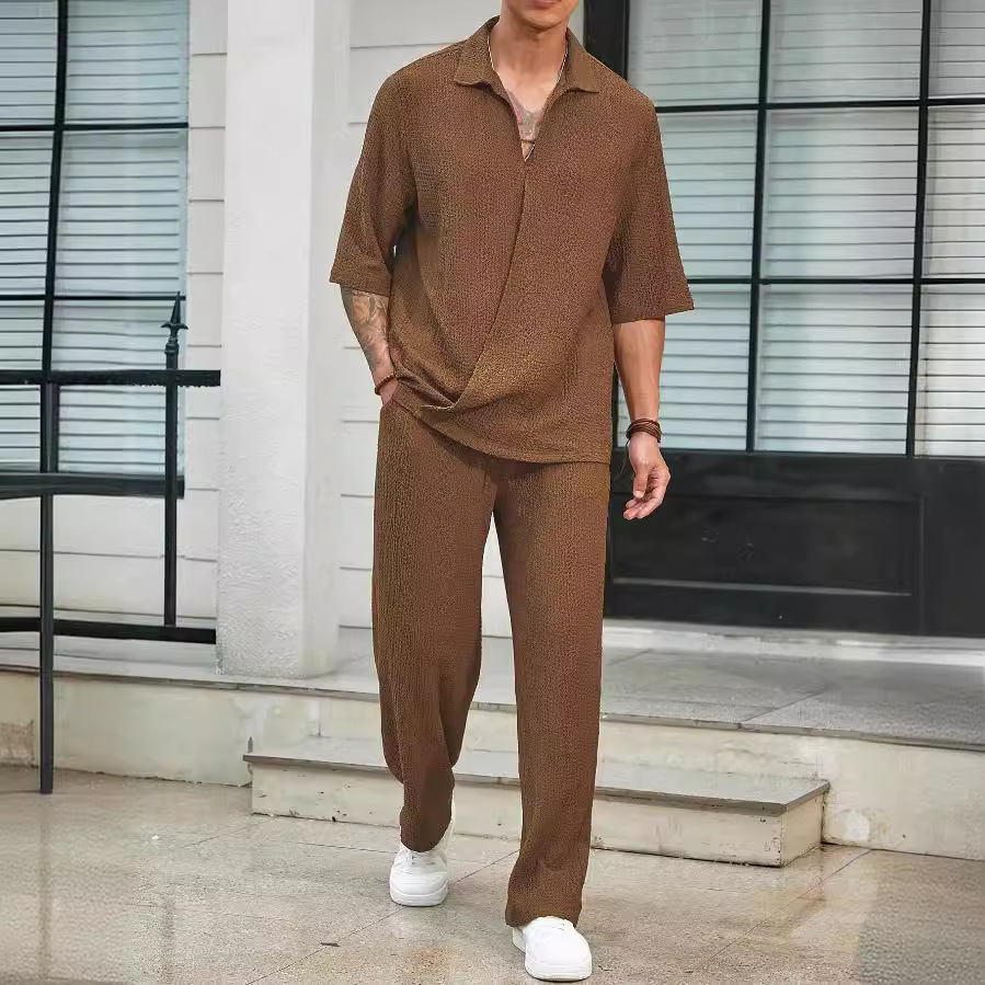 2024 European and American Amazon New Commuter Suit Casual Shirt Pure Color Short-sleeved Pants Men's Two-piece Casual Set