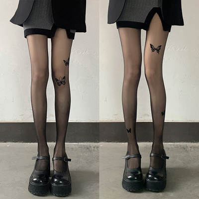 2023 New Black Bow Silk Stockings Women Sexy Black Silk Pure Pantyhose Cute Printed jk Lolita