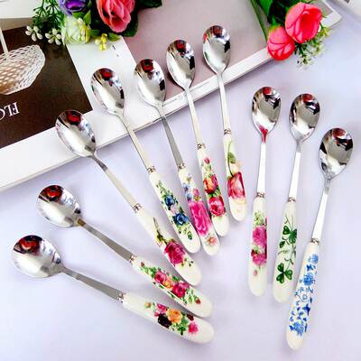 Korean-style ceramic handle tableware stainless steel spoon cute gift spoon Bird's Nest stir salad coffee spoon wholesale