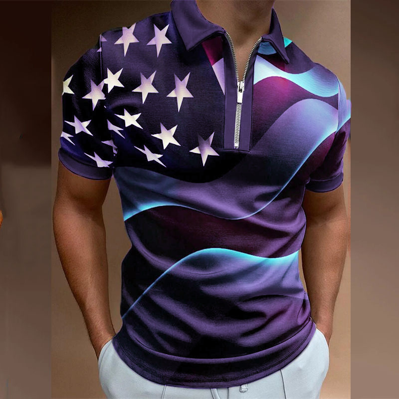 Cross-border 2023 Independent station spring and summer AliExpress Amazon new 3D printed short sleeve polo shirt zipper men's T-shirt