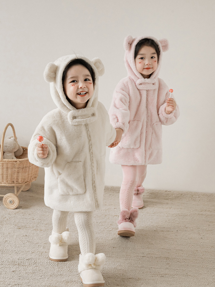 Qiu Duomeng Girls Stuffed Bear Ear Hat Jacket Warm 2024 New Spring and Autumn Children's Cute Loose Thick Top