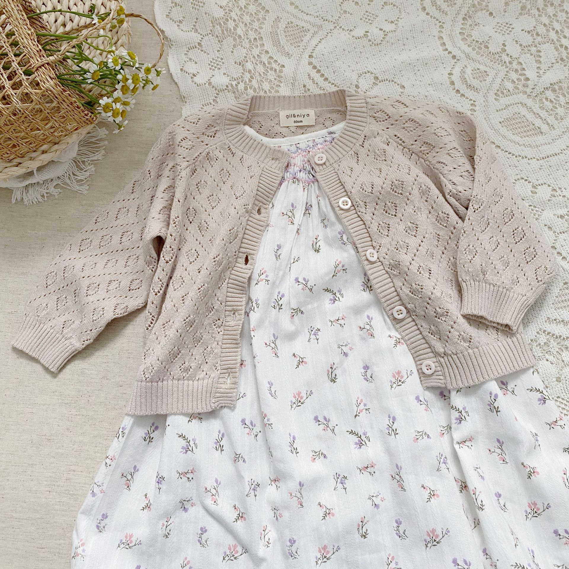 Girls' Spring Summer Autumn Infant Long-sleeved Solid Color Sun-protective Shirt Air Conditioning Cardigan Knitted Hollow Jacket