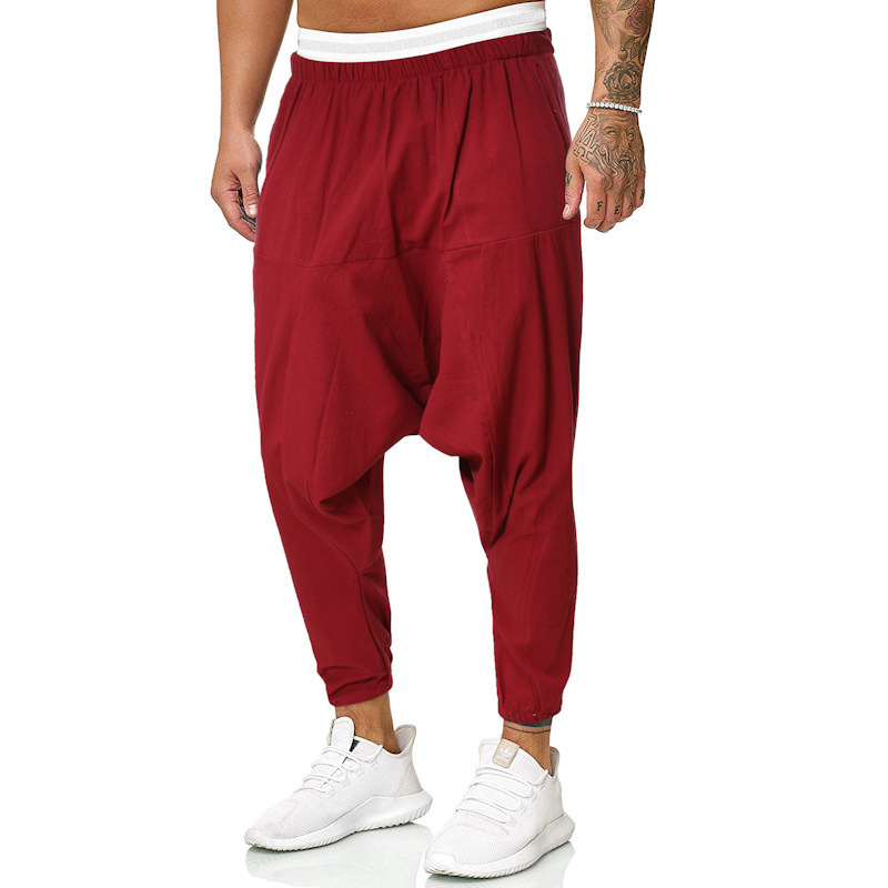2022 Spring Fashion Cotton and Linen Chinese Style Trendy Men's Casual Loose Cross Pants Youth Large Size Solid Color Trousers for Men