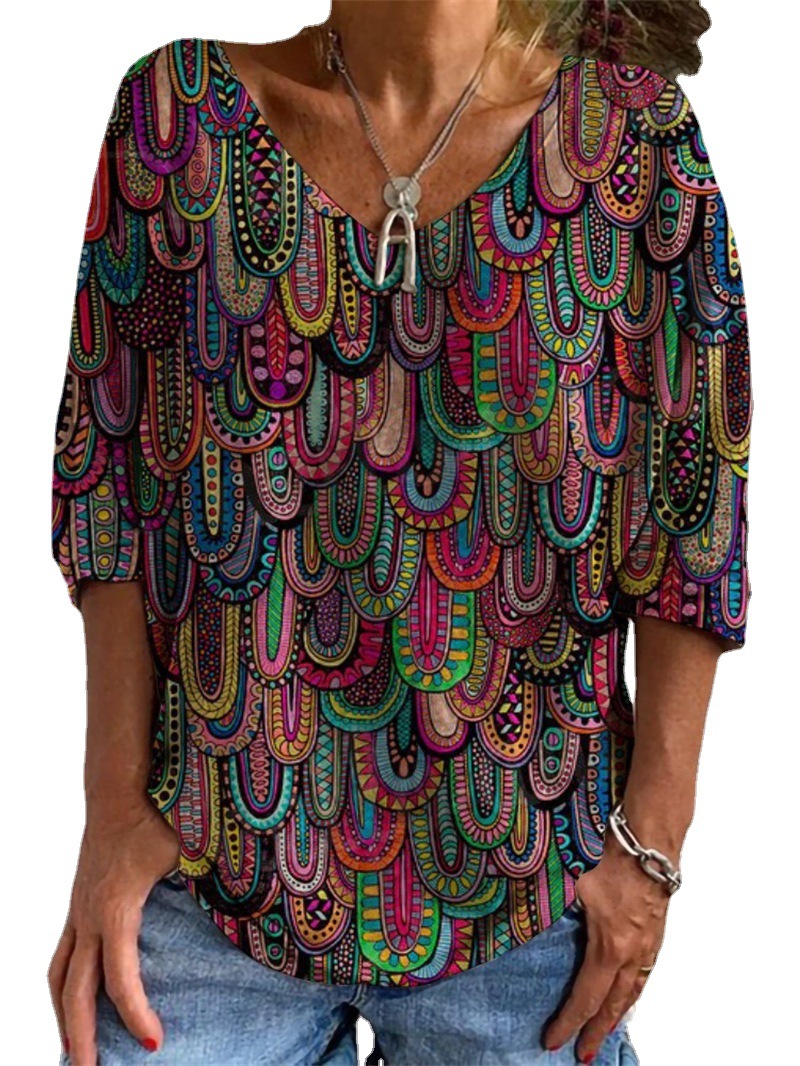Amazon independent station wish2023 loose long sleeve geometric pattern 3D digital printing V-neck five sleeve t-shirt women