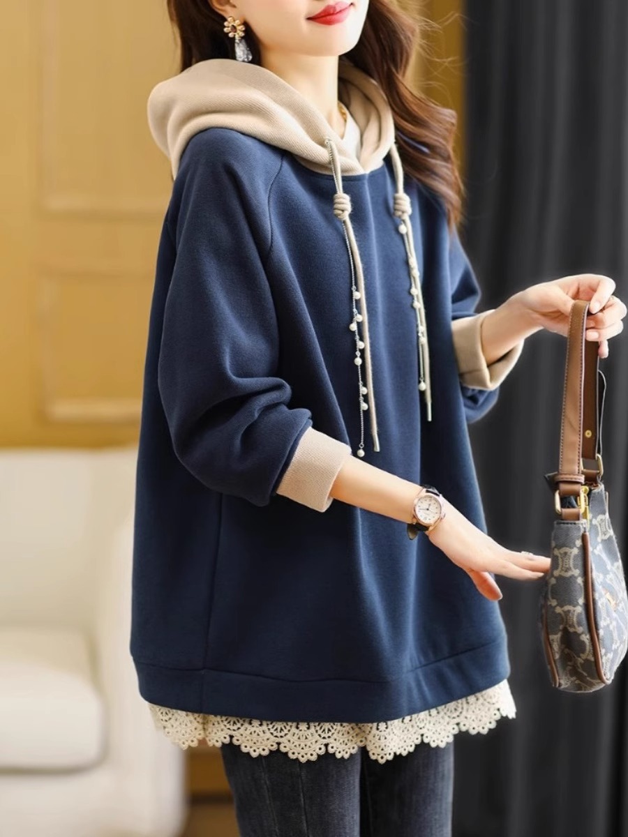 Cross-border 2023 autumn and winter New Korean style fleece-lined thick color matching hooded sweater for women plus size loose fat mm200 kg