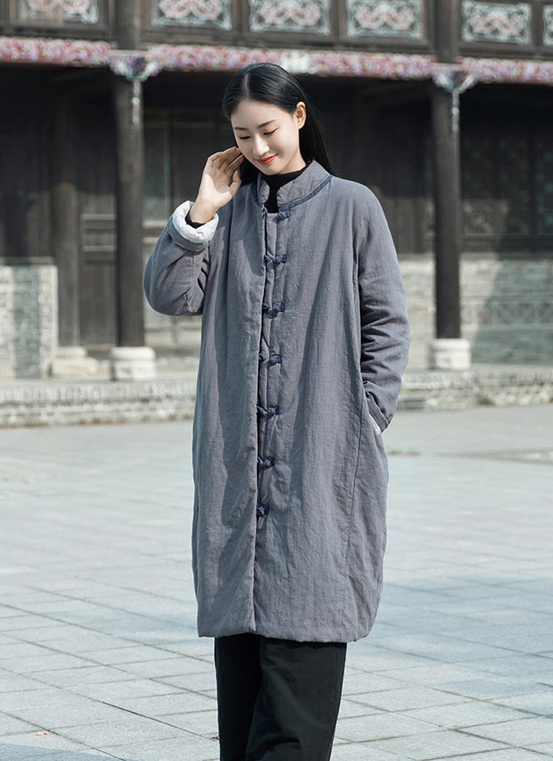 2023 Winter Neue Vintage Chinesischen Stil Vertikale Kragen Chinesischen Stil Kontrast Farbe Platte Schnalle Mittellange Baumwolle gefütterte Jacke Leinen Lose Baumwolle-pad_voghion.com