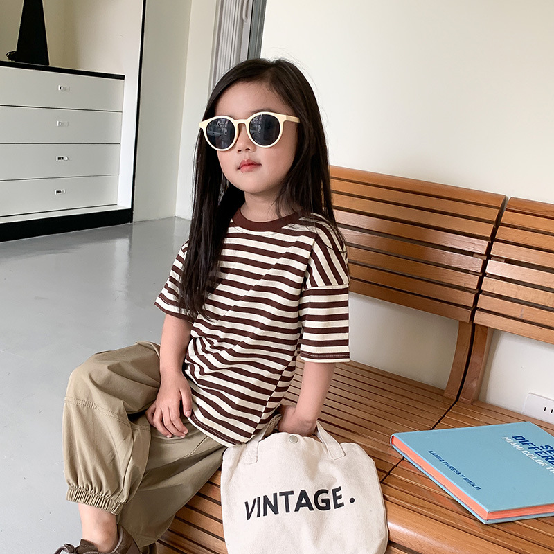 Children's T-shirt 2024 spring boys and girls Korean striped short sleeve children's round neck casual loose top