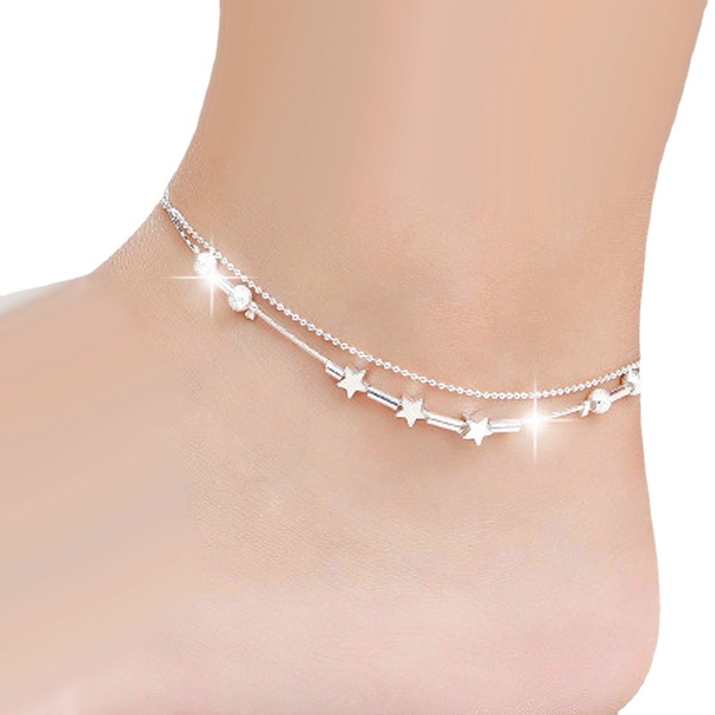 Little Red Book Online Celebrity Hot Selling Women's Ankle Chain Light Luxury Fashion Korean Ankle Chain Silver Plated Double Layer Star Ankle Chain Wholesale