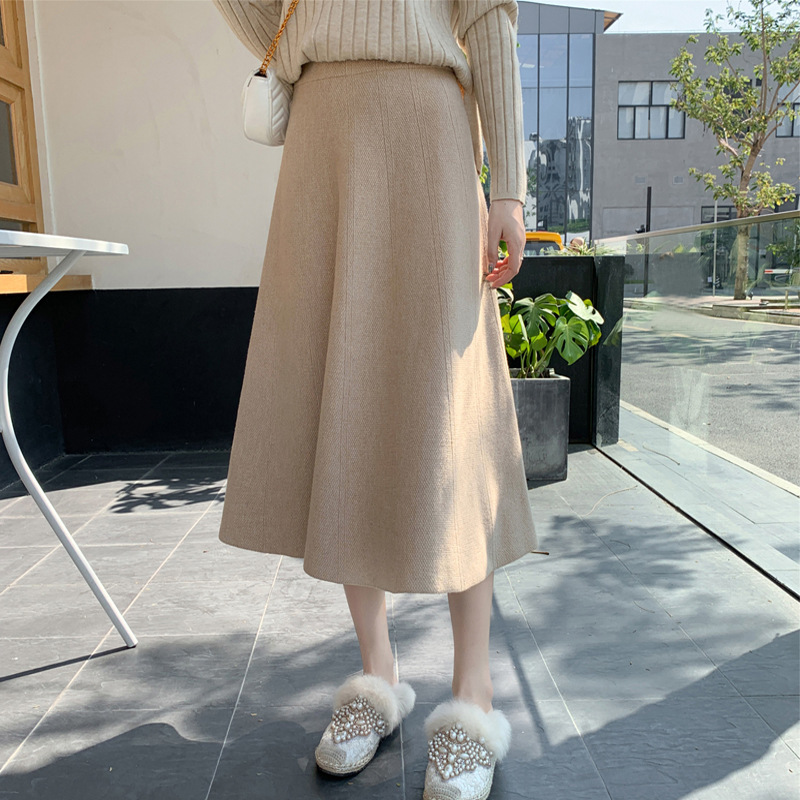 Solid Color Knitted Skirt Women's Autumn and Winter New High Waist Slimming Elegant Mid-length A- line Skirt Wool Skirt