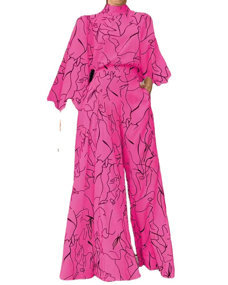 2022 Summer European and American Women's Clothing Amazon Elegant Elegant Waisted Lace-up Long Sleeve Neck Trousers Printed Jumpsuit