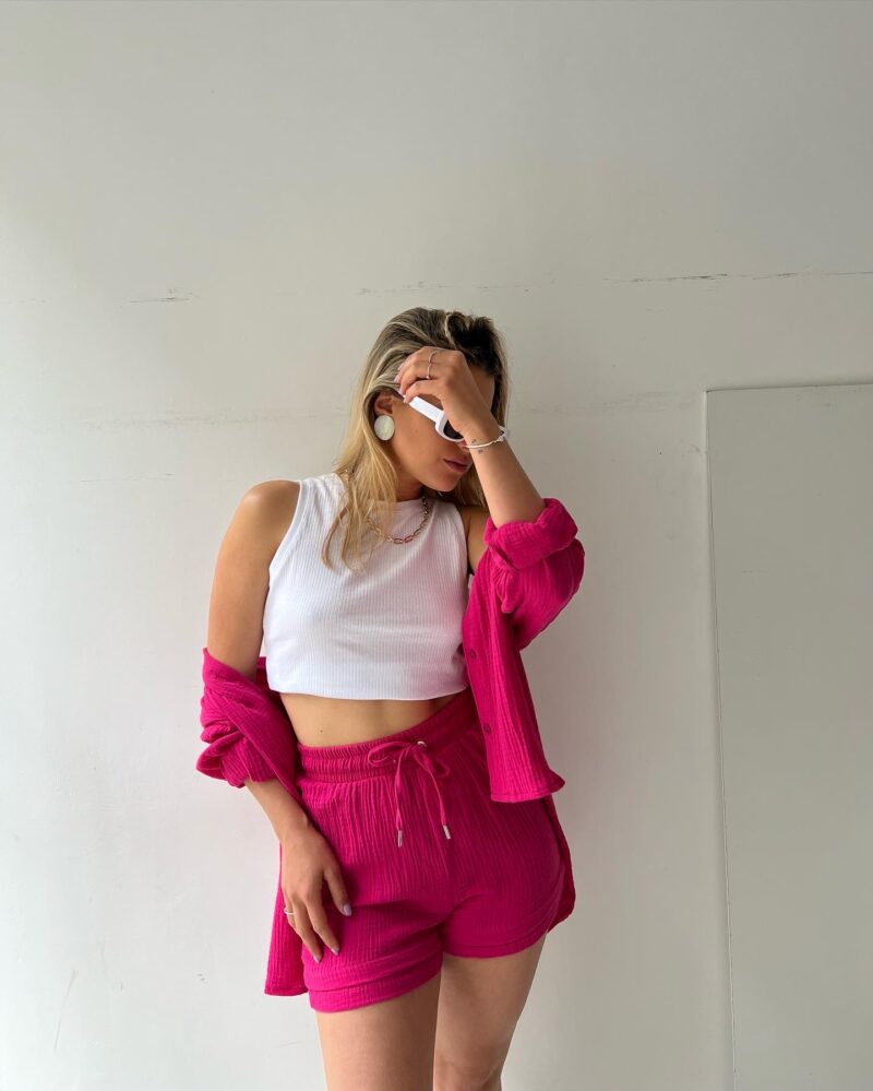 2023  European and American Women's Wrinkled Lapel Long Sleeve Shirt High Waist Drawstring Shorts Fashion Casual Two-Piece Set_voghion.com