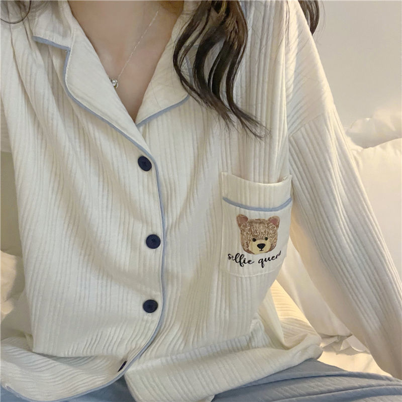 Japanese style pajamas women's autumn and winter cardigan ins sweet simple student bear cute cartoon spring home wear suit