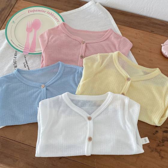 Girls Solid Color Air-conditioning Shirt 0-5 Years Old Summer South Korea Children's Wear Baby Girl Refreshing Breathable Thin Coat Trendy AY493