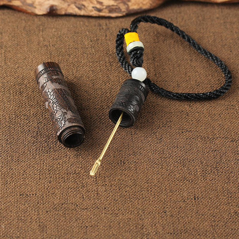 Factory supply Ebony carved snuff bottle solid wood with brass spoon lanyard snuff bottle experience wholesale