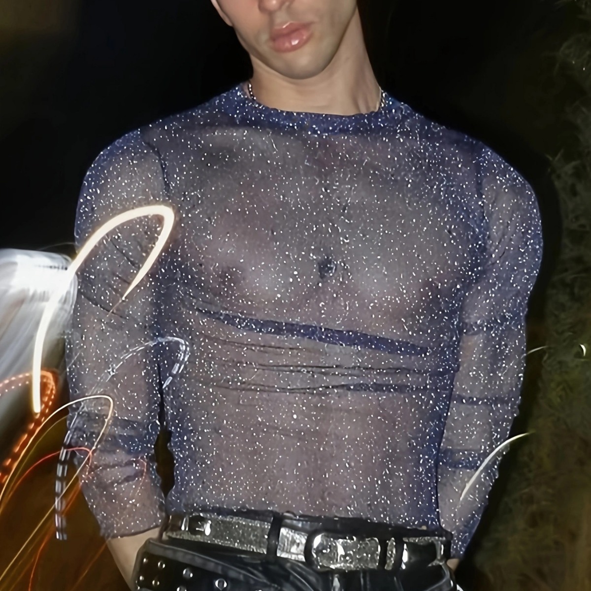 Amazon popular micro transparent T-shirt men's fashion tight long-sleeved bottoming shirt men's Stretch Slim purple funny clothing