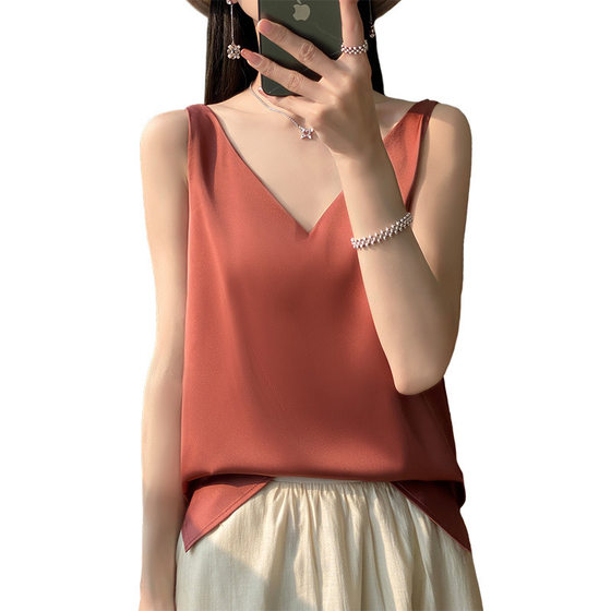 Silk silk shoulder camisole women's vest 2024 summer new slim v-neck short temperament inner top t-shirt