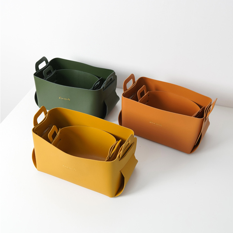 Nordic Style Light Luxury Fashionable Retro PU Leather Simple Printed Bilateral Card Slot Foldable Portable Bare Edge Storage Basket