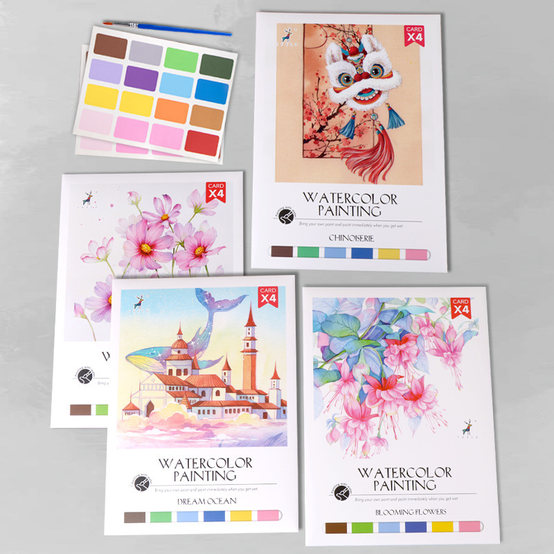 Watercolor coloring note book drawing paper children's self-contained paint color filling gouache painting book DIY Decompression drawing book