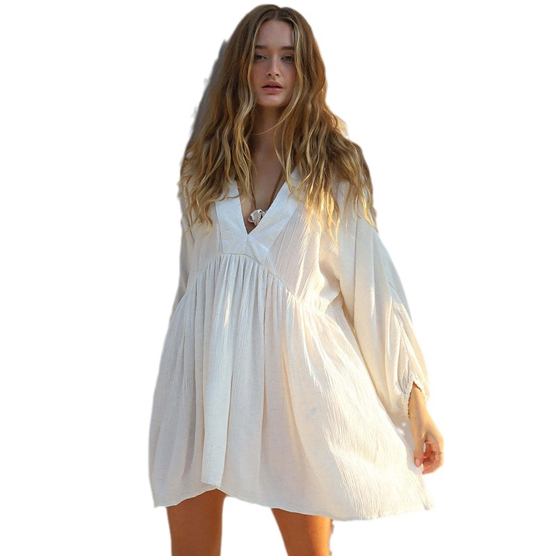 Cross-border New European and American Zou Cloth Long-sleeved Sunscreen Shirt Bikini Coat Beach Blouse Backless Swimsuit for Vacation