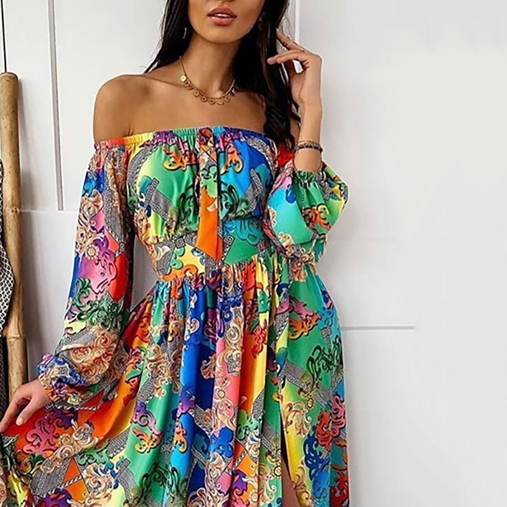 2025 Cross-border Summer Evening Gown European and American Print Dress One-shoulder Hooded Retro Long Sleeve Large Swing Opening Split Long Dress